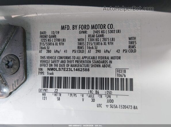NM0LS7E23L1462588 2020 FORD TRANSIT CONNECT White Вид наклейки з VIN-кодом