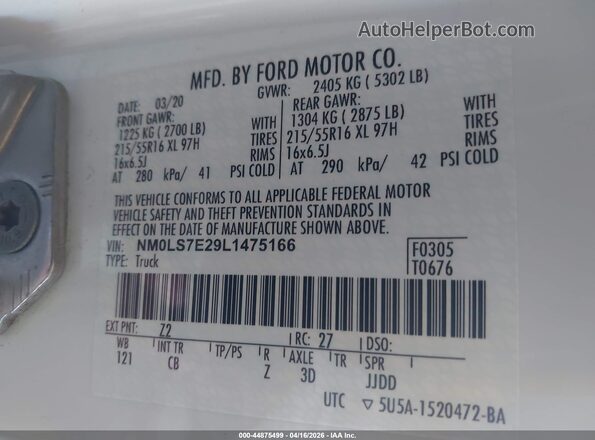 NM0LS7E29L1475166 2020 FORD TRANSIT CONNECT White Widok komory silnika