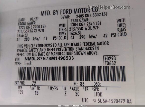 NM0LS7E78M1498533 2021 FORD TRANSIT CONNECT White Engine compartment view