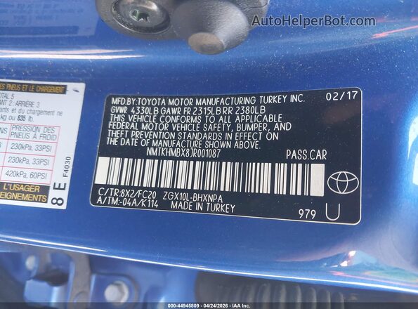 NMTKHMBX8JR001087 2018 TOYOTA LE Синий Вид подкапотного пространства