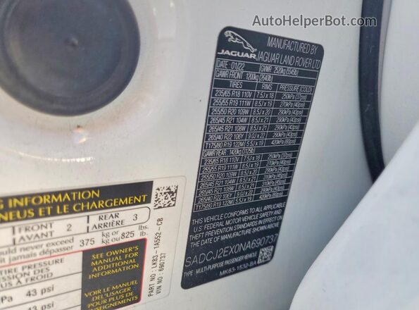 SADCJ2EX0NA690737 2022 JAGUAR F-PACE White VIN կոդի պիտակի տեսք