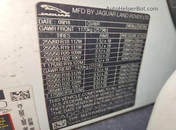 SADCJ2FX0KA366701 2019 JAGUAR F-PACE White VIN კოდის სტიკერის ხედი