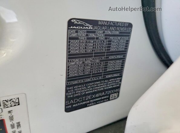 SADCT2EX4RA720046 2024 JAGUAR F-PACE White Вид наклейки з VIN-кодом