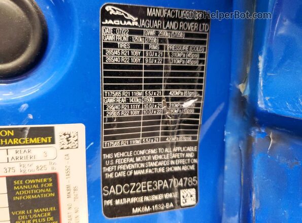 SADCZ2EE3PA704785 2023 JAGUAR F-PACE Blue Vista de la etiqueta del VIN