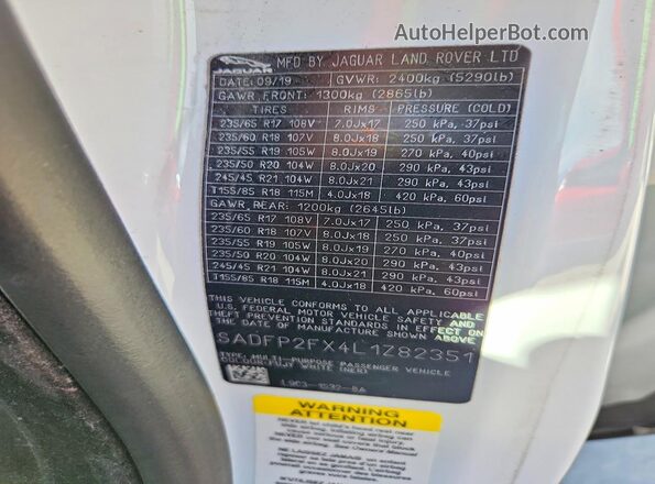 SADFP2FX4L1Z82351 2020 JAGUAR E-PACE Белый Панорамный вид салона 360°