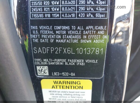 SADFP2FX6L1013781 2020 JAGUAR E-PACE Black Вид підкапотного простору