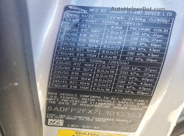 SADFP2FX7L1013353 2020 JAGUAR E-PACE Silver VIN կոդի պիտակի տեսք