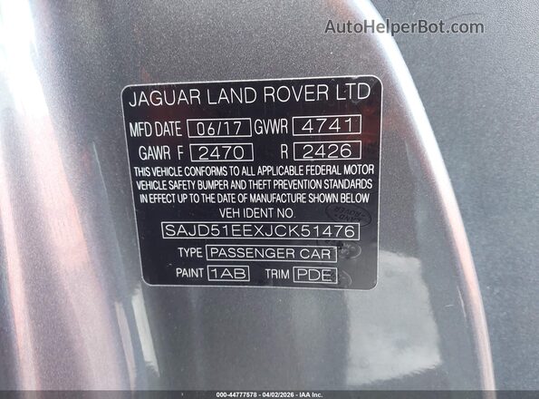 SAJD51EEXJCK51476 2018 JAGUAR F-TYPE Gray Շարժիչի բաժամունքի տեսք