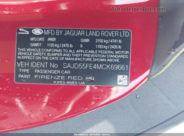 SAJD55FE4MCK69661 2021 JAGUAR F-TYPE Red Вид підкапотного простору