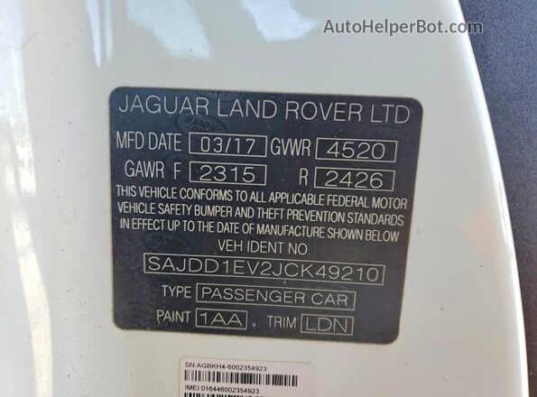 SAJDD1EV2JCK49210 2018 JAGUAR F-TYPE White Շարժիչի բաժամունքի տեսք