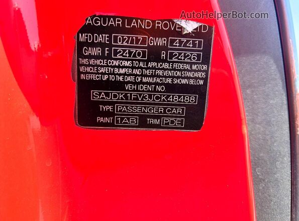 SAJDK1FV3JCK48488 2018 JAGUAR F-TYPE Red VIN კოდის სტიკერის ხედი