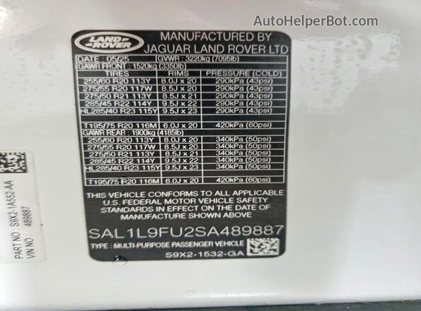 SAL1L9FU2SA489887 2025 LAND ROVER RANGE White Вид підкапотного простору