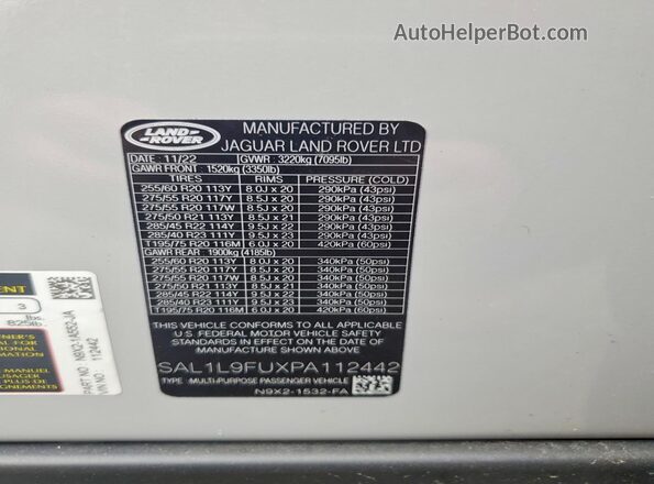 SAL1L9FUXPA112442 2023 LAND ROVER RANGE Gray Вид наклейки з VIN-кодом