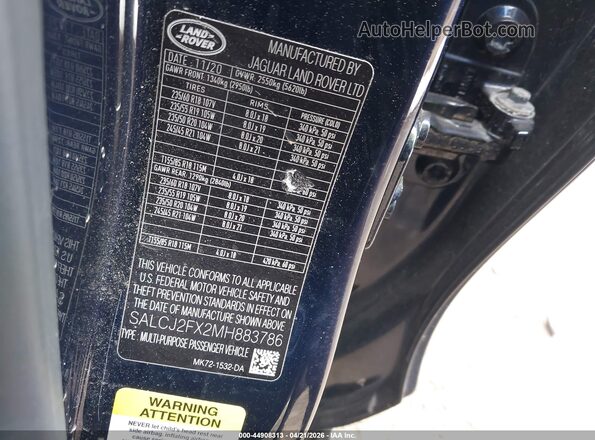 SALCJ2FX2MH883786 2021 LAND ROVER DISCOVERY SPORT Blue Vista del compartimento del motor