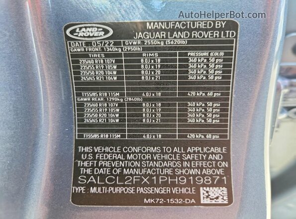 SALCL2FX1PH919871 2023 LAND ROVER DISCOVERY Blue Вид наклейки з VIN-кодом