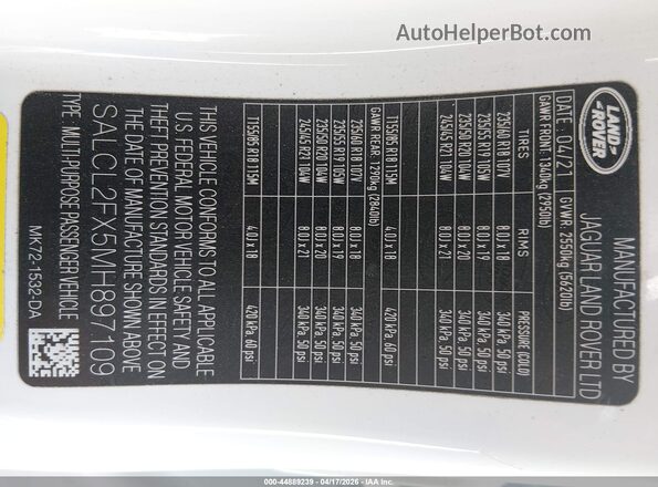 SALCL2FX5MH897109 2021 LAND ROVER DISCOVERY SPORT White Vista del compartimento del motor