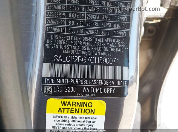SALCP2BG7GH590071 2016 LAND ROVER DISCOVERY SPORT Gray Вид наклейки з VIN-кодом