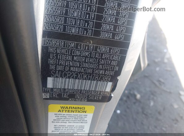 SALCP2FX0KH787389 2019 LAND ROVER DISCOVERY SPORT Серебряный Вид подкапотного пространства