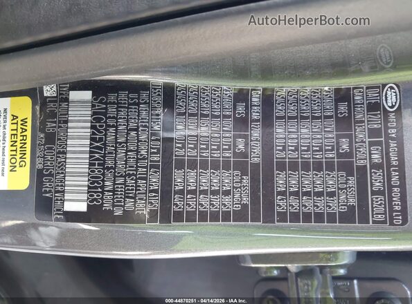 SALCP2FX7KH803183 2019 LAND ROVER DISCOVERY SPORT Серый Вид подкапотного пространства