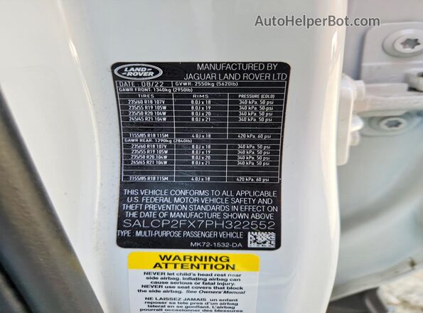 SALCP2FX7PH322552 2023 LAND ROVER DISCOVERY White VIN კოდის სტიკერის ხედი