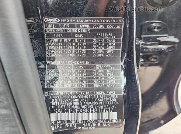 SALCP2FX8KH816637 2019 LAND ROVER DISCOVERY Черный Вид наклейки с VIN-кодом