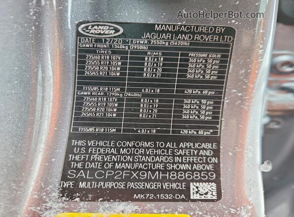 SALCP2FX9MH886859 2021 LAND ROVER DISCOVERY Charcoal VIN კოდის სტიკერის ხედი