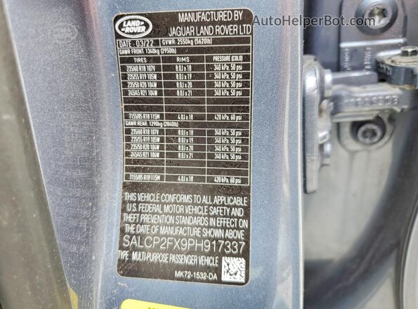 SALCP2FX9PH917337 2023 LAND ROVER DISCOVERY Синий Вид наклейки с VIN-кодом