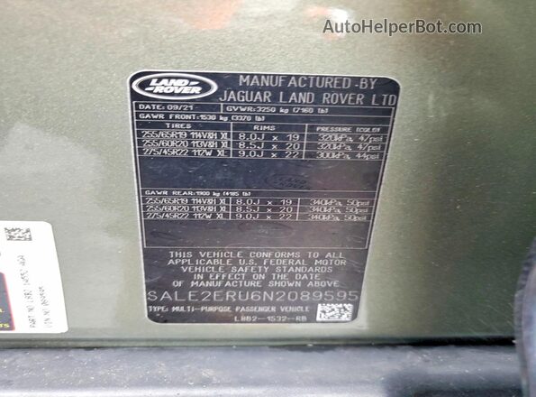 SALE2ERU6N2089595 2022 LAND ROVER DEFENDER Green VIN sticker view