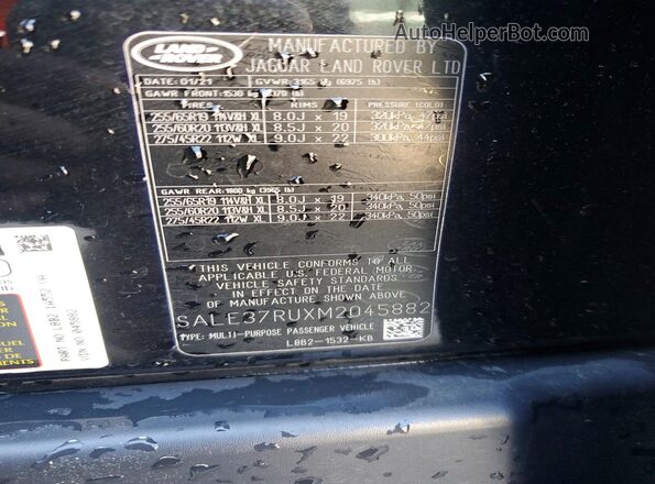 SALE37RUXM2045882 2021 LAND ROVER DEFENDER Black Vista de la etiqueta del VIN
