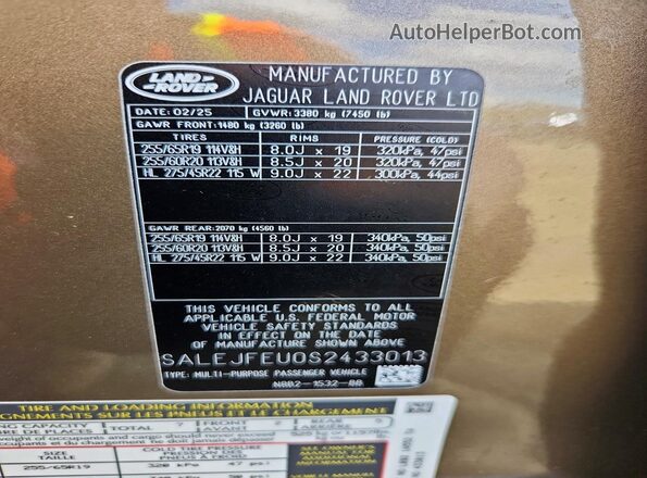 SALEJFEU0S2433013 2025 LAND ROVER DEFENDER Gold Vista de la etiqueta del VIN