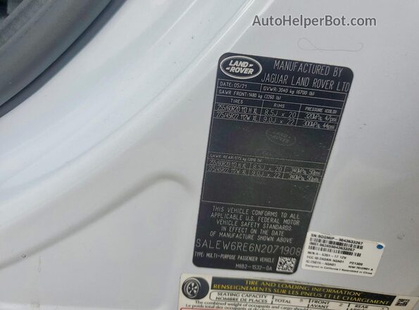 SALEW6RE6N2071908 2022 LAND ROVER DEFENDER White Vista de la etiqueta del VIN