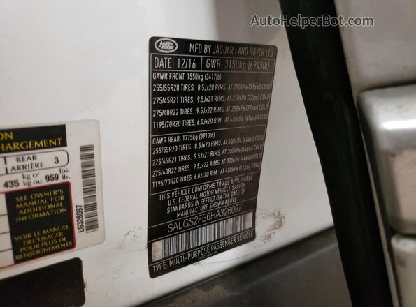 SALGS2FE6HA326097 2017 LAND ROVER RANGE White Вид наклейки з VIN-кодом
