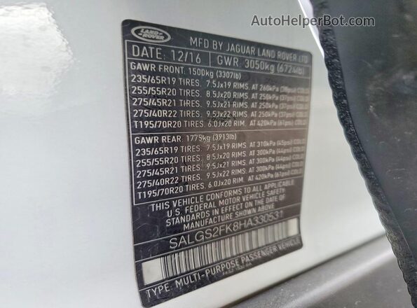 SALGS2FK8HA330531 2017 LAND ROVER RANGE White Vista de la etiqueta del VIN
