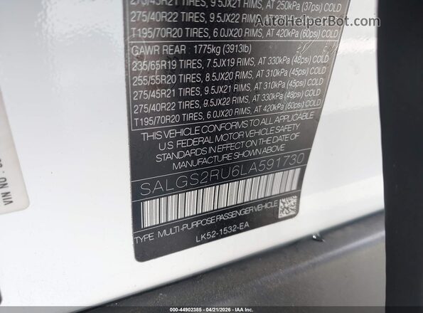 SALGS2RU6LA591730 2020 LAND ROVER RANGE ROVER White Engine compartment view