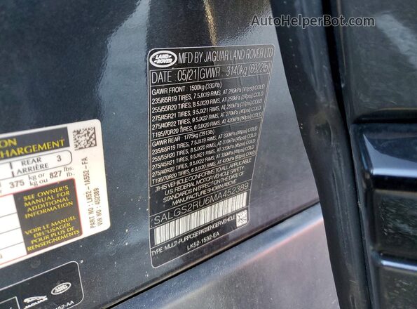 SALGS2RU6MA452389 2021 LAND ROVER RANGE Black VIN sticker view
