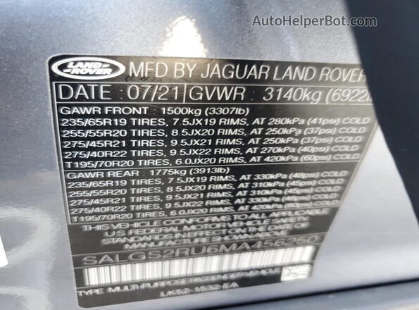 SALGS2RU6MA456250 2021 LAND ROVER RANGE Blue Vista de la etiqueta del VIN
