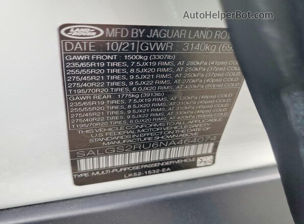 SALGS2RU6NA464074 2022 LAND ROVER RANGE White VIN կոդի պիտակի տեսք