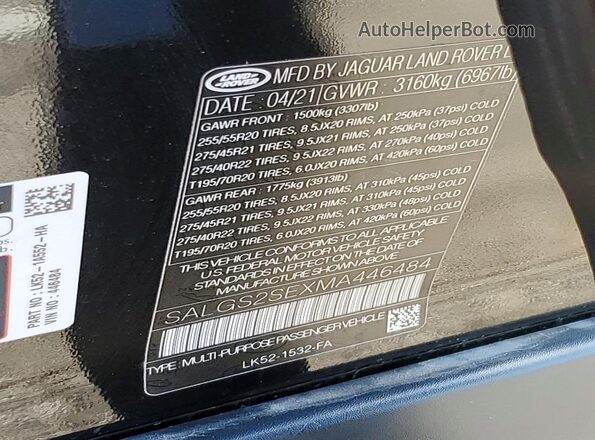 SALGS2SEXMA446484 2021 LAND ROVER RANGE Black VIN sticker view
