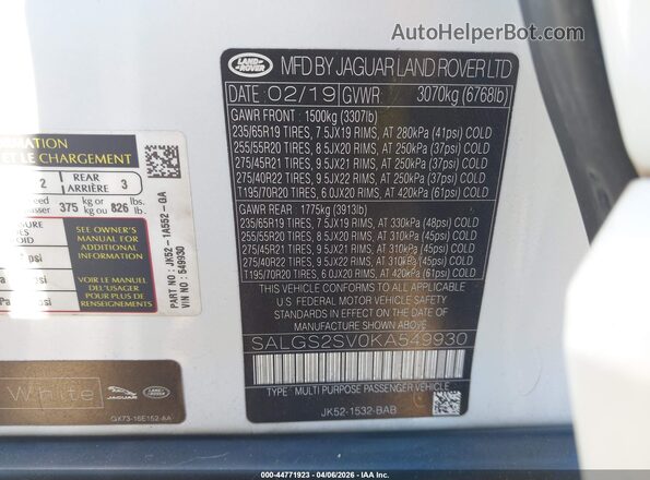 SALGS2SV0KA549930 2019 LAND ROVER RANGE ROVER White Շարժիչի բաժամունքի տեսք
