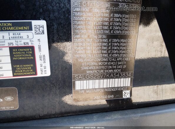 SALGS2SV7KA543834 2019 LAND ROVER RANGE ROVER Black 