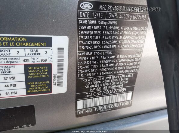 SALGS2VF2GA270989 2016 LAND ROVER RANGE ROVER Gray Вид підкапотного простору