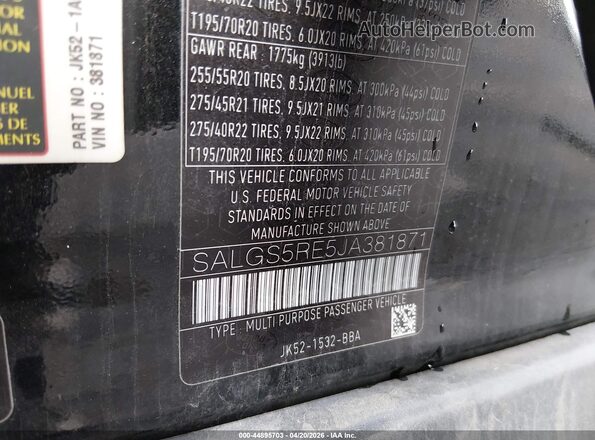 SALGS5RE5JA381871 2018 LAND ROVER RANGE ROVER Black Engine compartment view