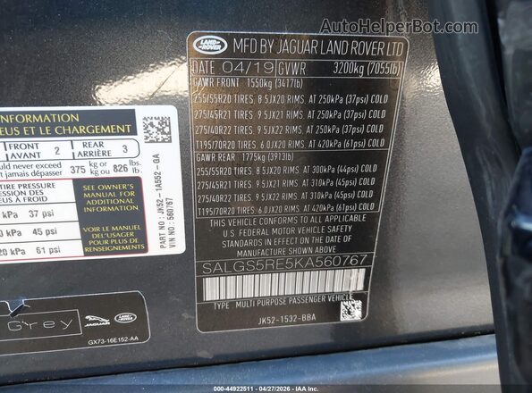 SALGS5RE5KA560767 2019 LAND ROVER RANGE ROVER Black 