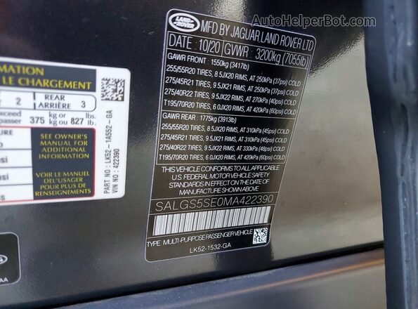 SALGS5SE0MA422390 2021 LAND ROVER RANGE Black Вид наклейки з VIN-кодом