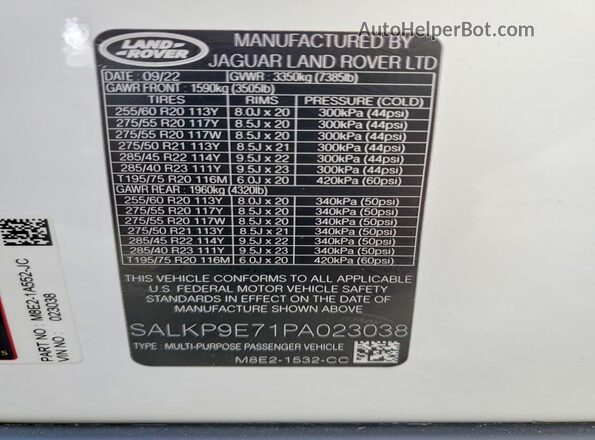 SALKP9E71PA023038 2023 LAND ROVER RANGE White Widok wnętrza 360 stopni