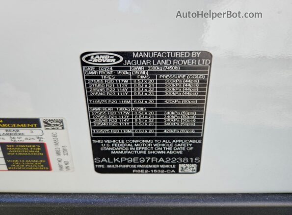 SALKP9E97RA223815 2024 LAND ROVER RANGE White VIN sticker view