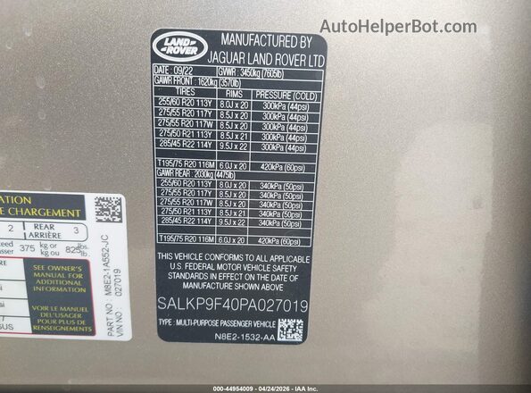 SALKP9F40PA027019 2023 LAND ROVER RANGE ROVER Gold Вид підкапотного простору