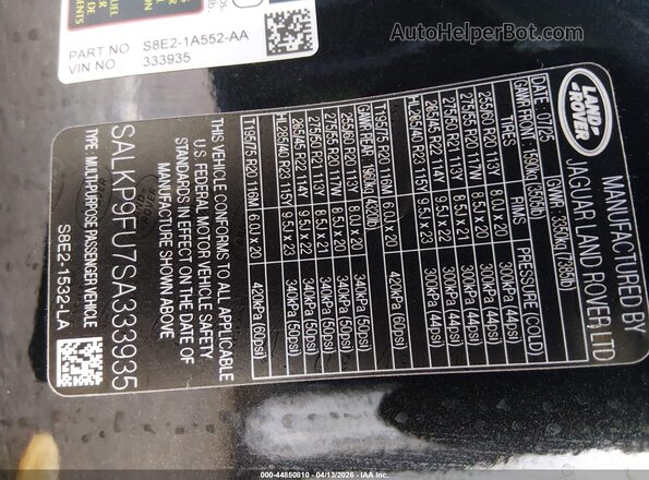 SALKP9FU7SA333935 2025 LAND ROVER RANGE ROVER Black ძრავის განყოფილების ხედი