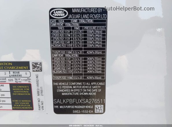 SALKPBFUXSA276511 2025 LAND ROVER RANGE ROVER White Widok komory silnika