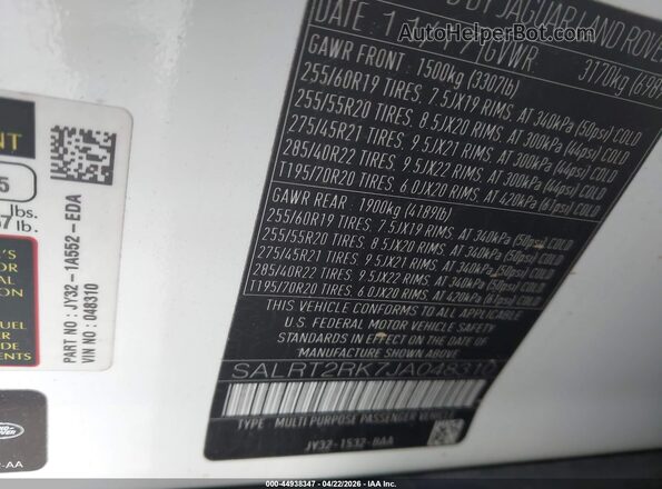 SALRT2RK7JA048310 2018 LAND ROVER DISCOVERY White Widok komory silnika